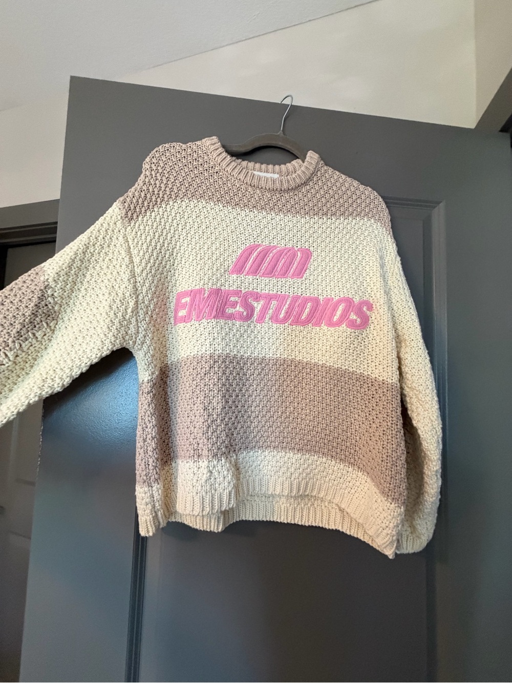 Eme Studios Striped Knit Sweater in Cream & Taupe with Pink Logo